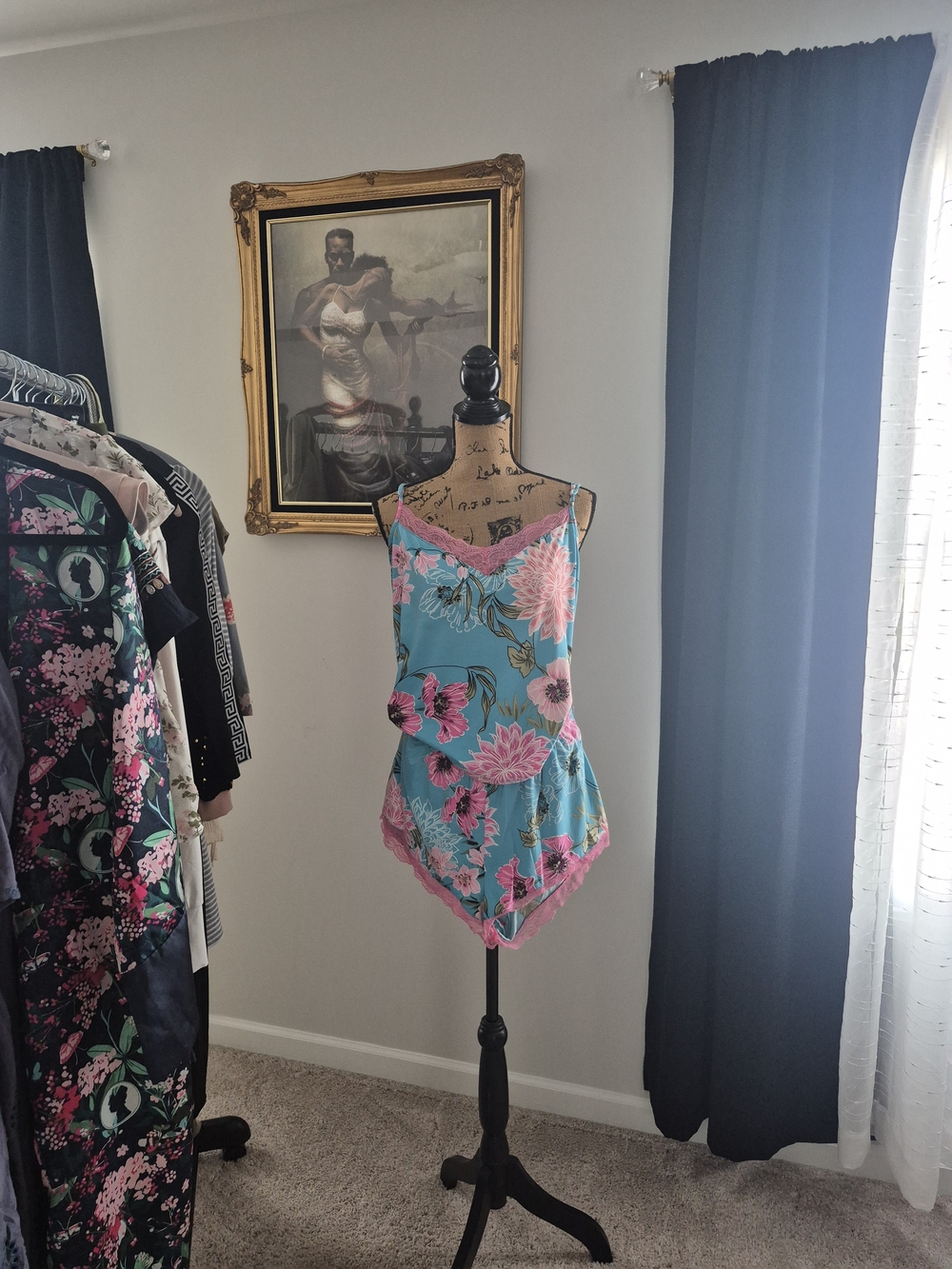 & Other Stories Blue Satin Floral Chemise with Pink Lace Trim
